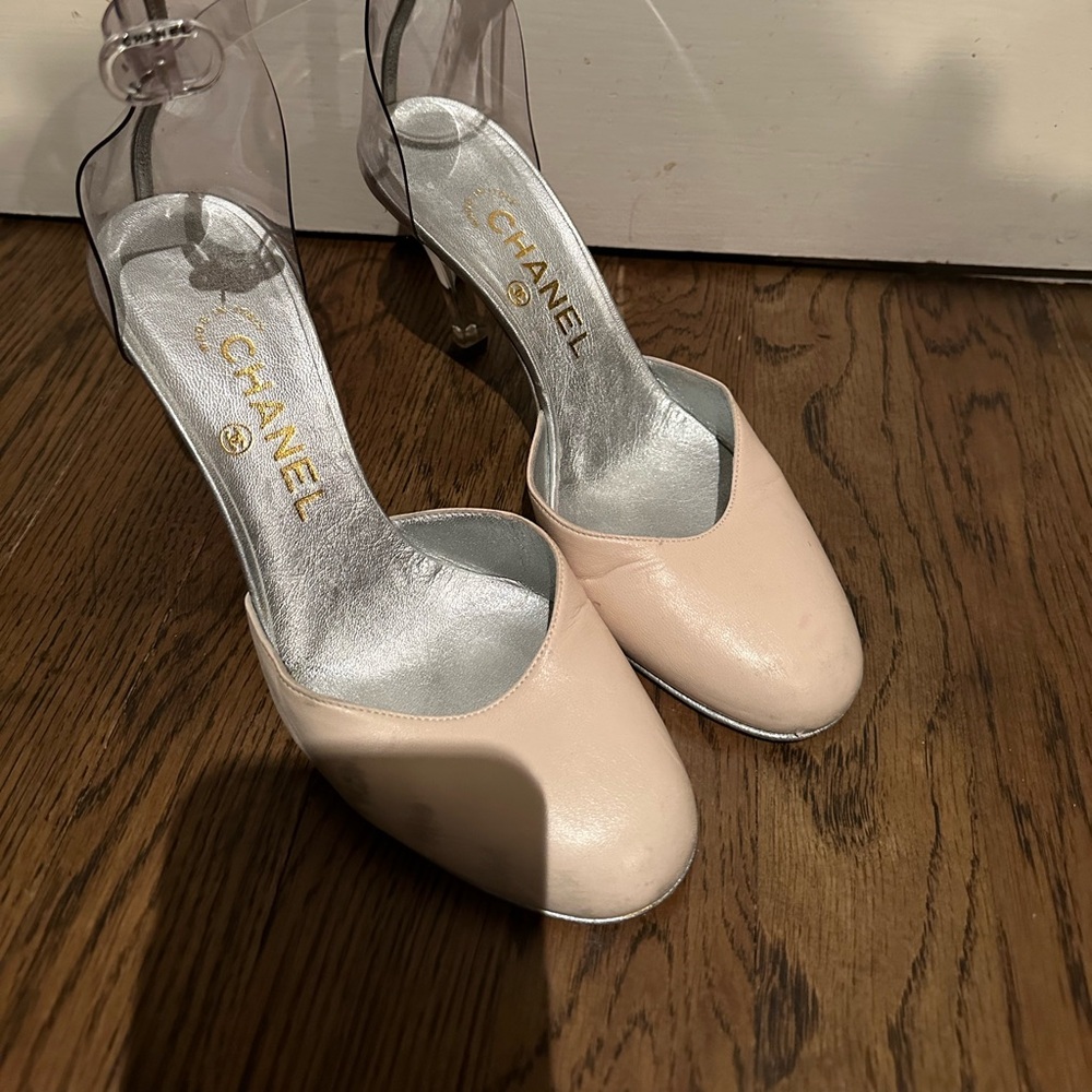 Vintage Chanel, Ballet pink and Lucite sandals with silver leather detail